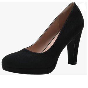 miss left Black Suede Low Platform Chunky High Heel Slip On Round Toe Pump